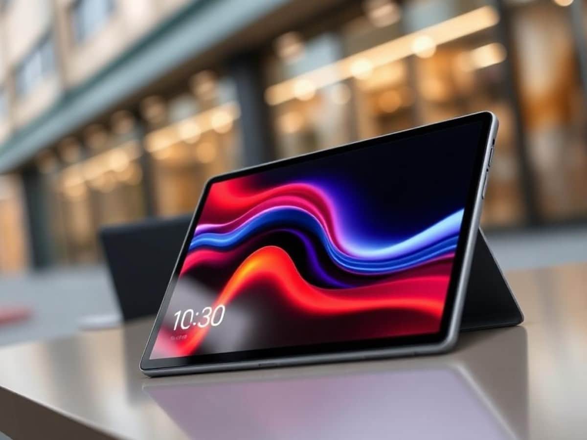 OnePlus Pad 3 on granite worktop, on home screen