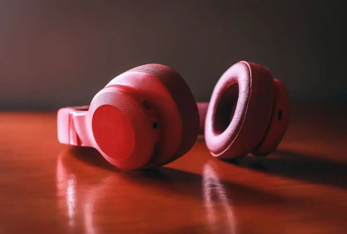 Stylish over-ear headphones with rounded shapes and vibrant color accents