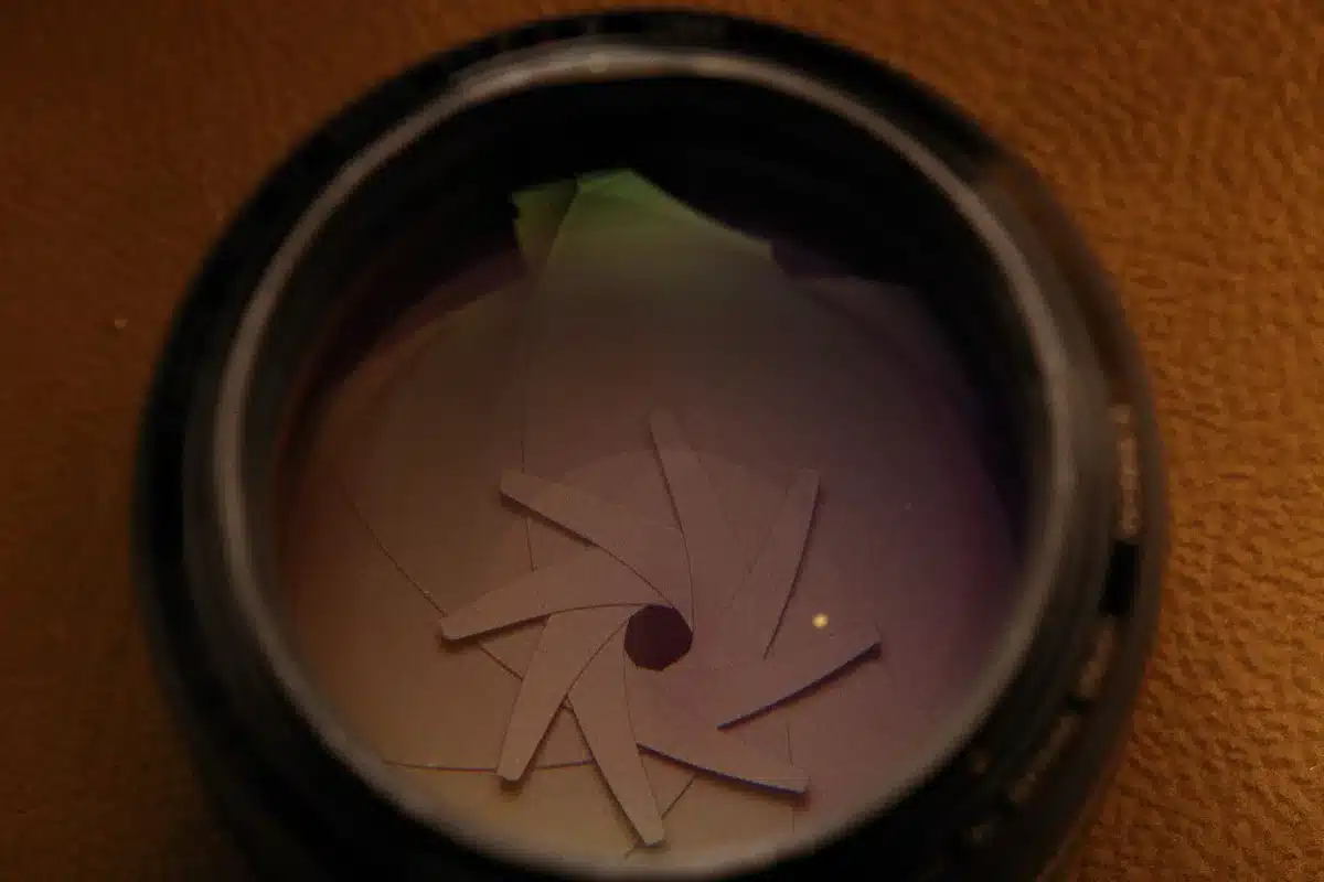 Close-up of a smartphone camera module with variable aperture mechanism and glass lens elements