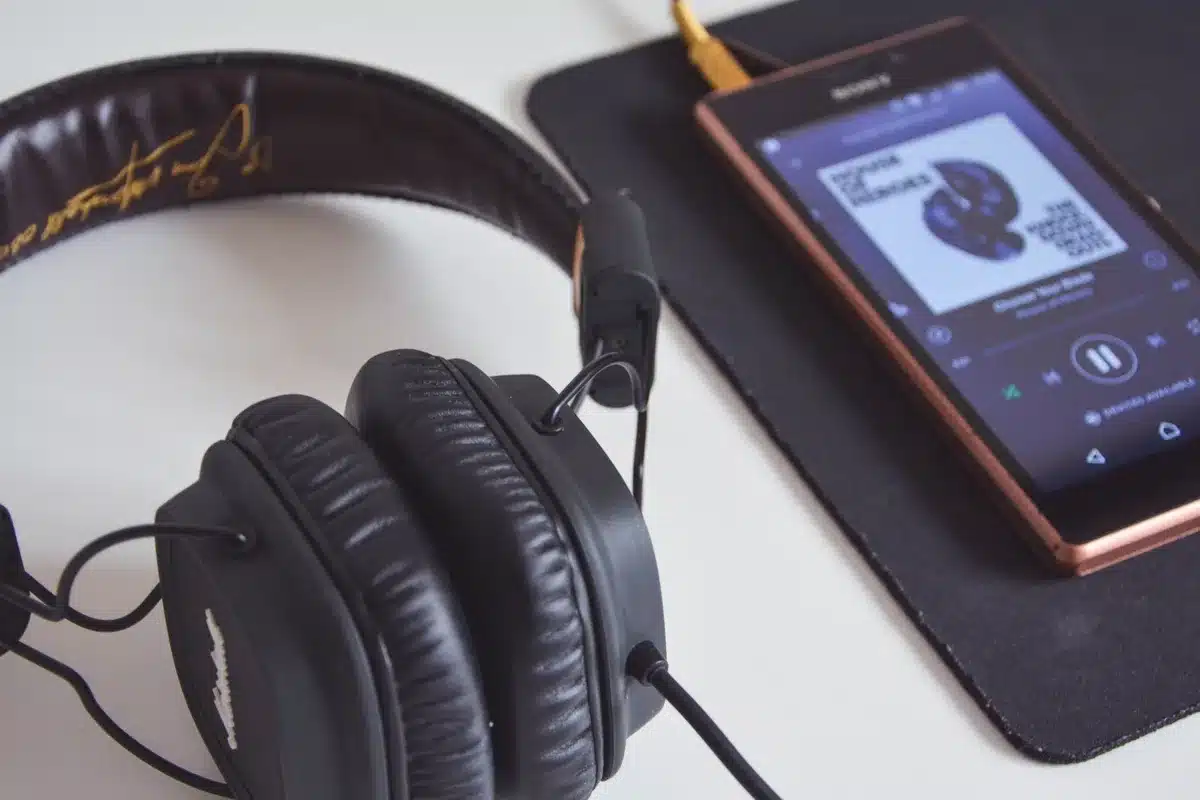 Close-up of soft memory foam ear pads and textile headband of premium over-ear headphones