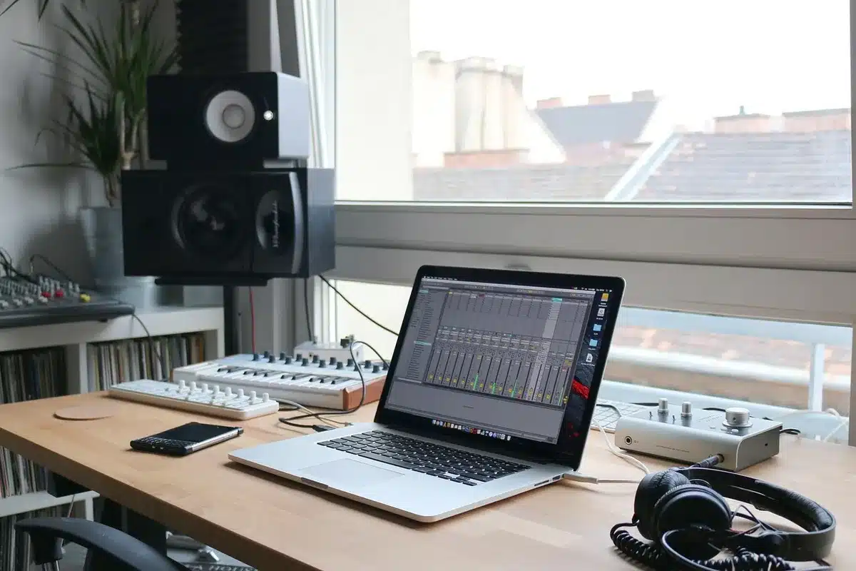 Smartphone and laptop on a bright desk showing mobile video editing timeline