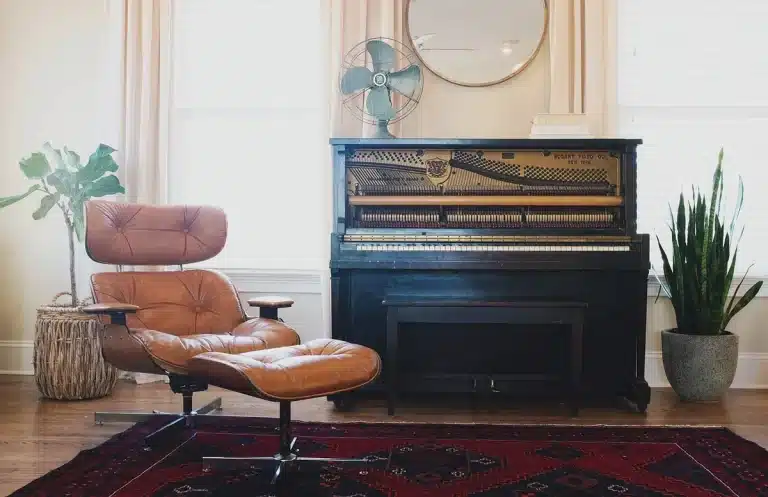 Living room setup with multiple speakers creating a surround sound audio experience