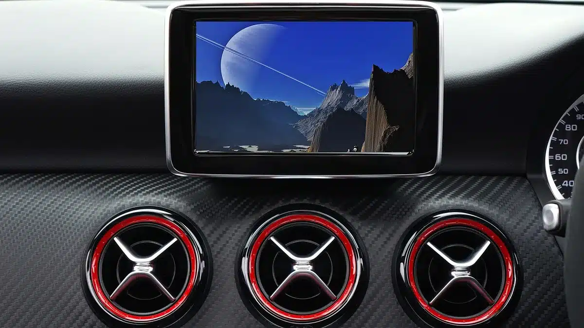 Interior cabin with widescreen display and modern dashboard in daylight